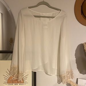 Lush White Blouse with Open Back and Lace Sleeve Detail